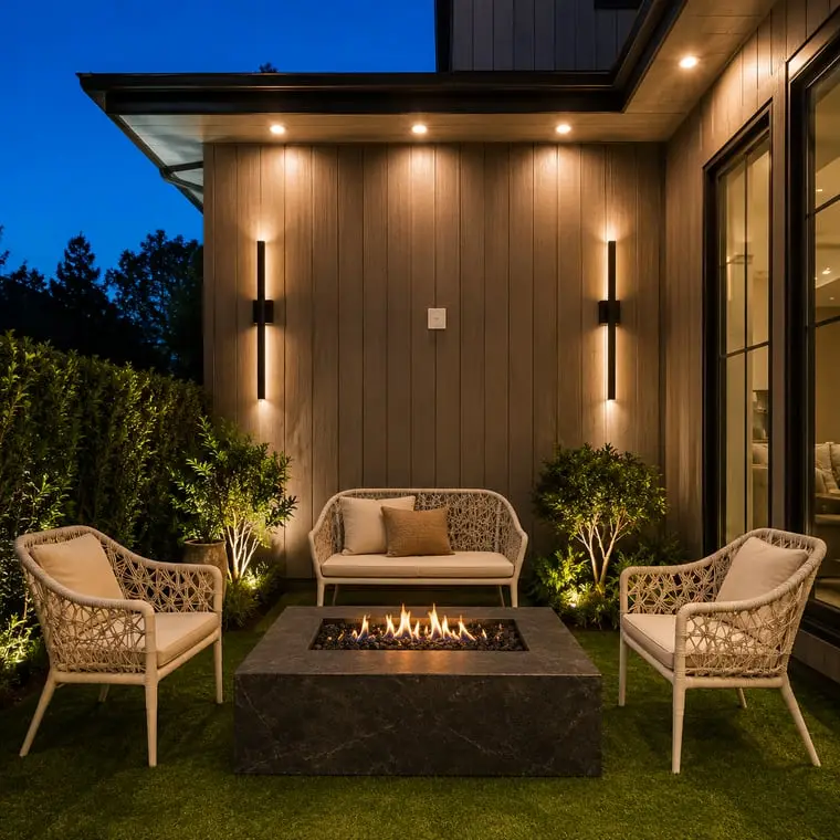 Outdoor living space with fire pit at dusk