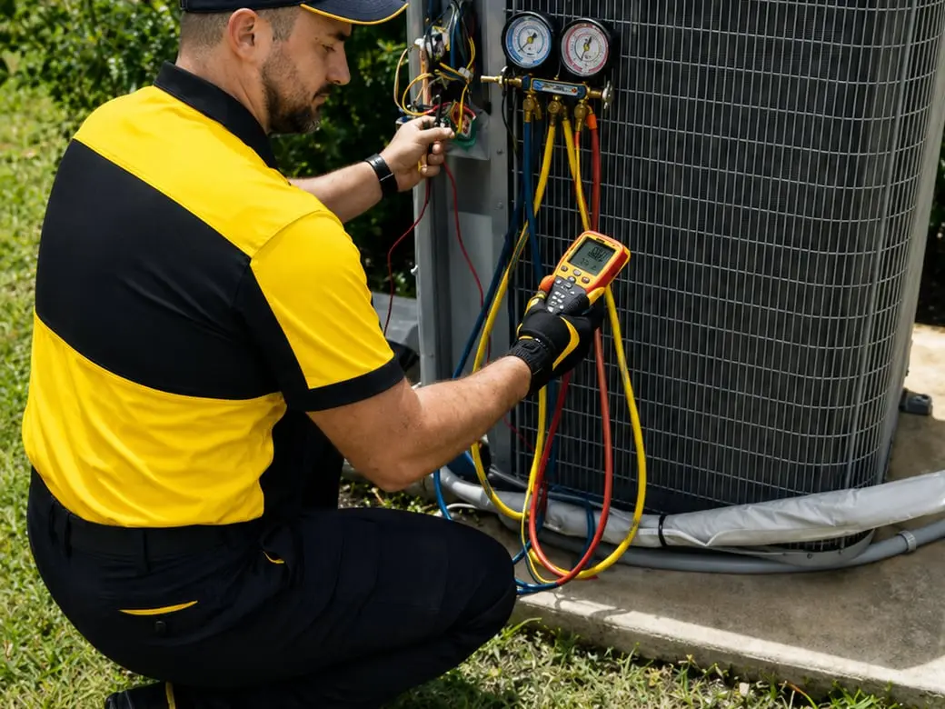 Licensed HVAC technician checking air conditioning system — Sunrise Contractors Sarasota FL