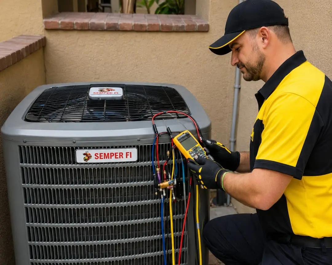 Licensed HVAC technician installing new air conditioning system in Sarasota FL — Sunrise Contractors