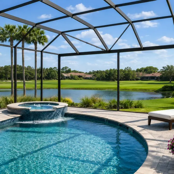 Pool cage with spa and lake view built by Sunrise Contractors