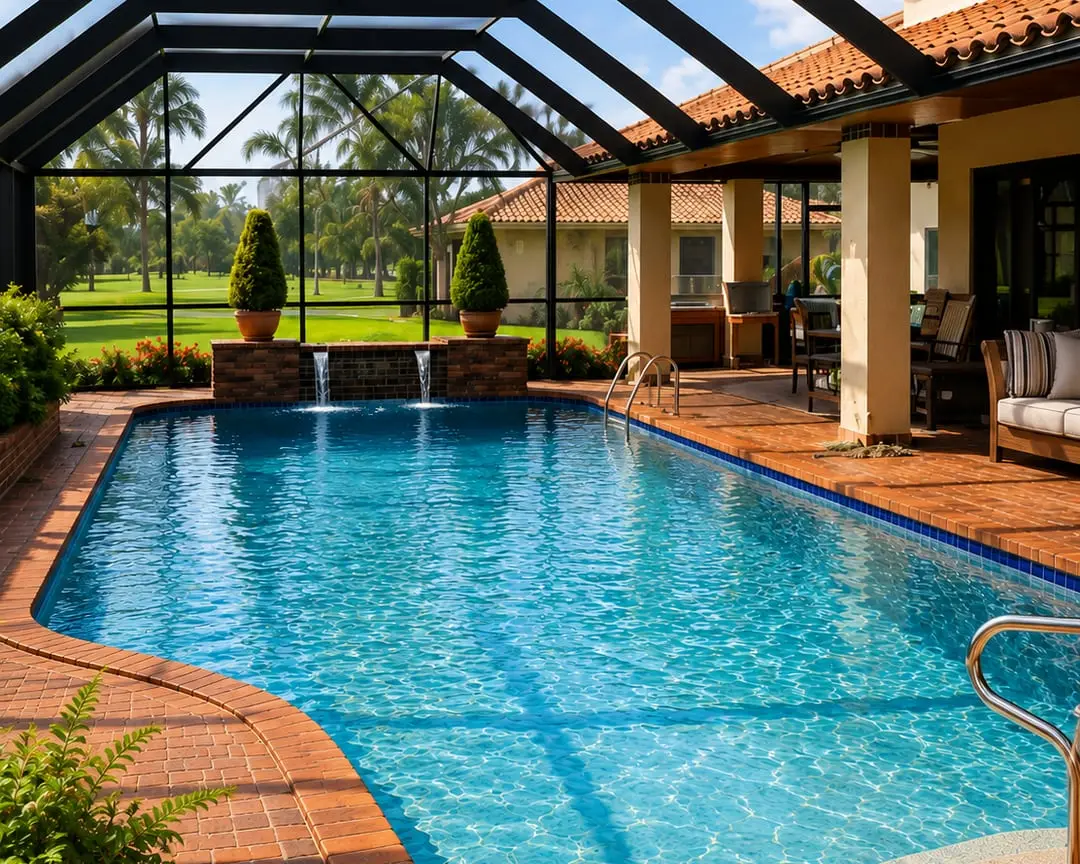 Pool cage with pool and spa rebuilt by Sunrise Contractors in Sarasota FL